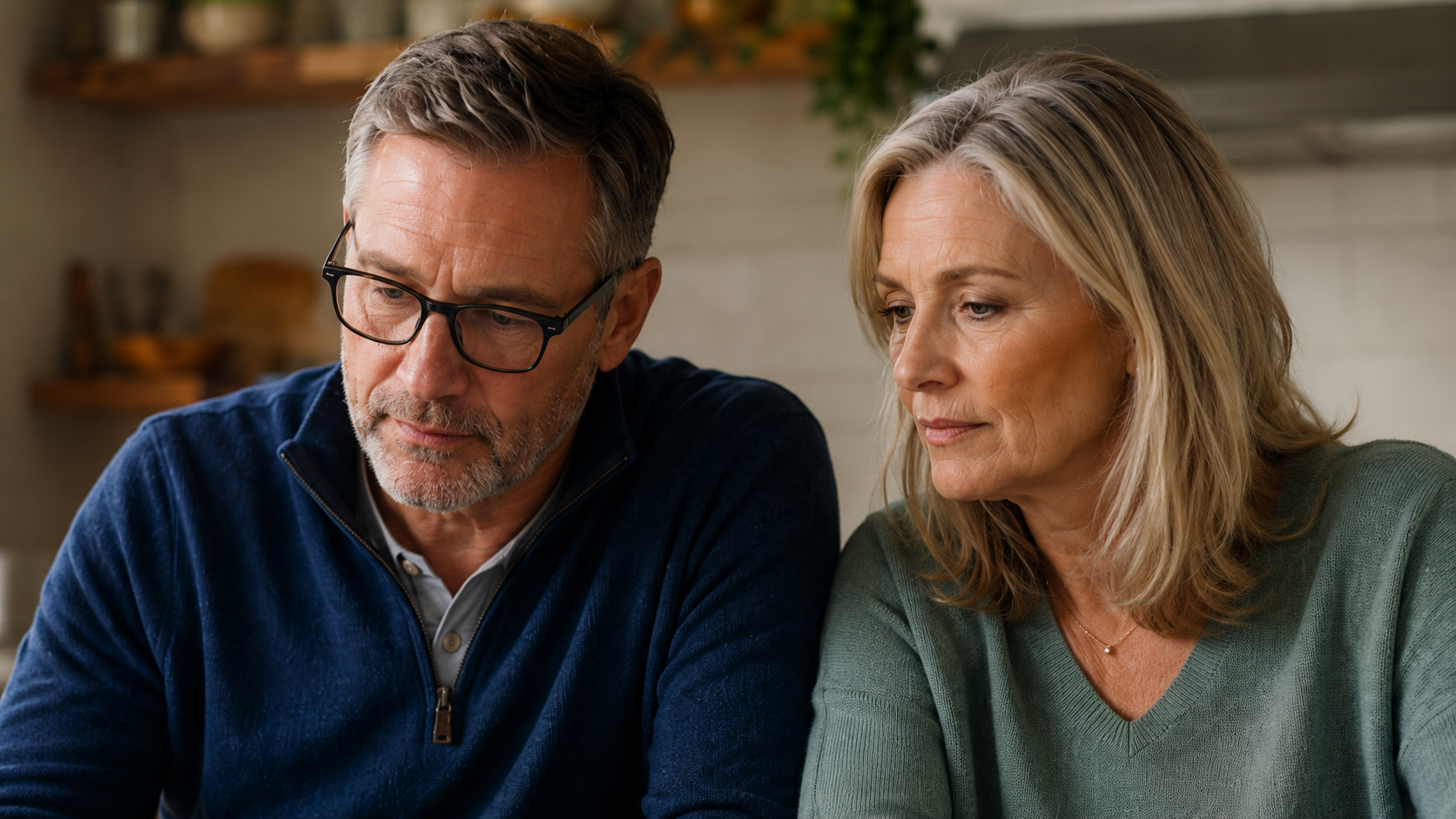 A fictional couple at their kitchen table with their case file
