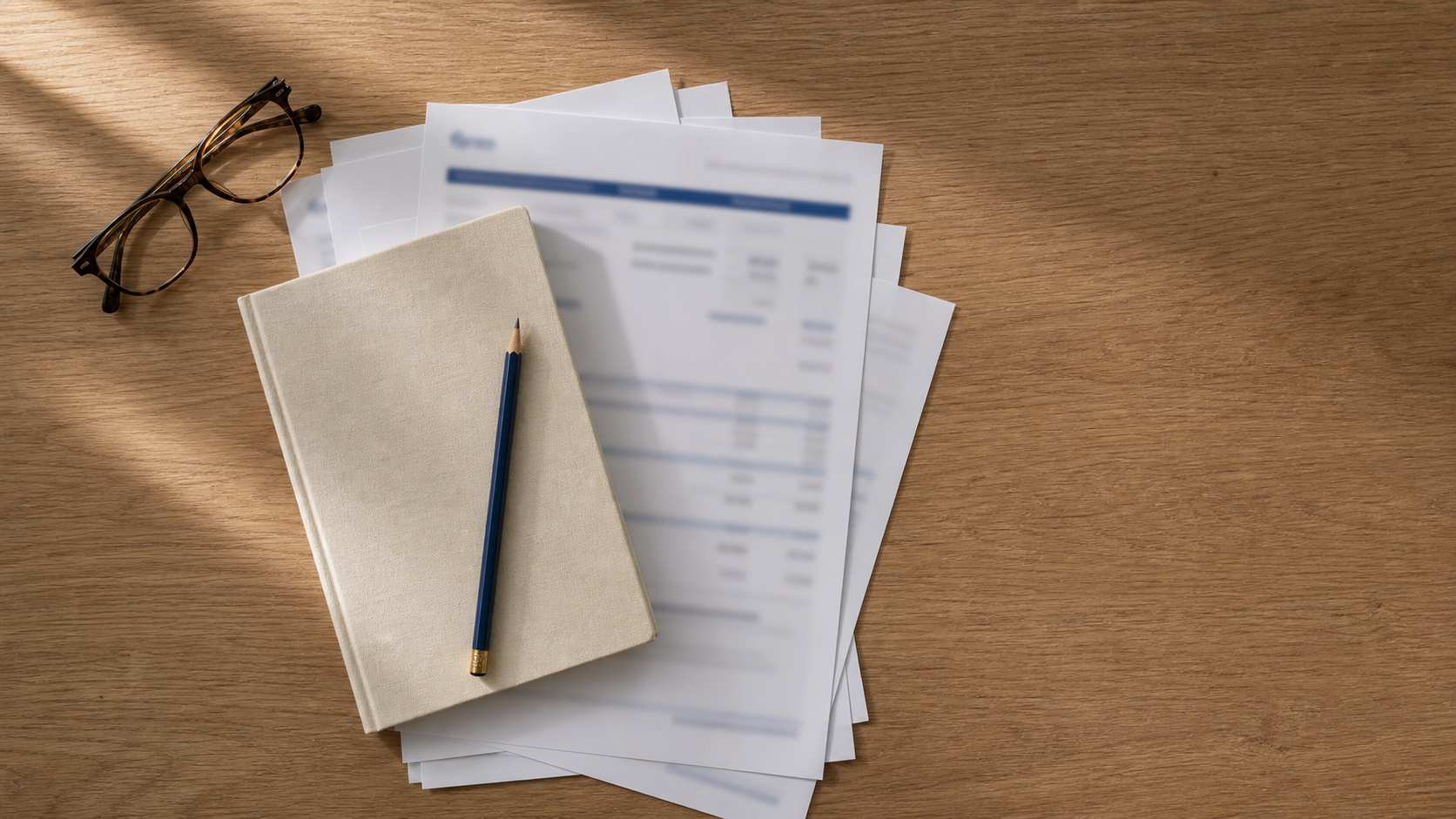 A close ledger texture: ruled paper, penciled figures, and a fountain pen